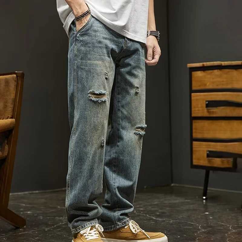 Korean Version Ripped Jeans Mens Autumn New Retro Casual Pants High Street Loose Straight Leg Pants X250718