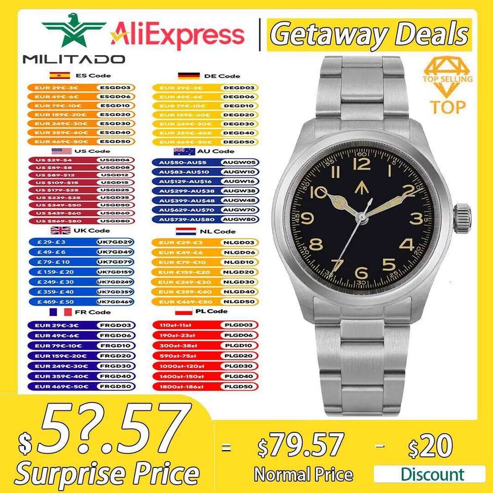 Militado ML08 Military VH31 Quartz Movement Double Sapphire Crystal C3 BGW9 Luminous 10Bar Waterproof 38mm Vintage Watch free shipping