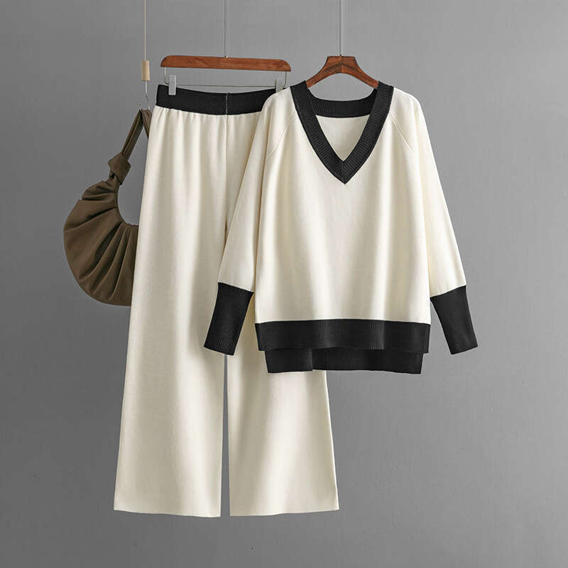 Fashion Casual for Women 2024 Autumn Winter New V-neck Color-block Knit Sweater Loose Wide-leg Pants Two-piece Set
