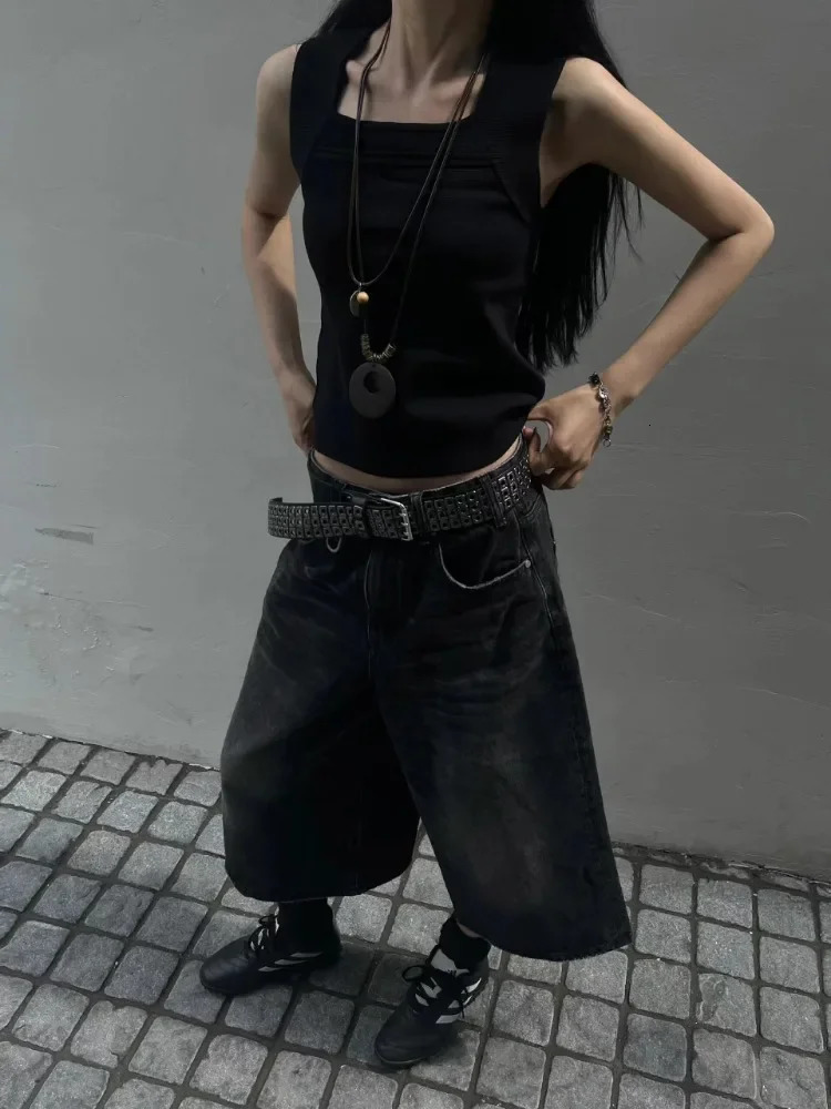 Women Black Y2k Style Baggy Denim Shorts Wide Leg Pants Trendy High Waisted Dark Wash Jeans Female Casual Retro 2000s 250714