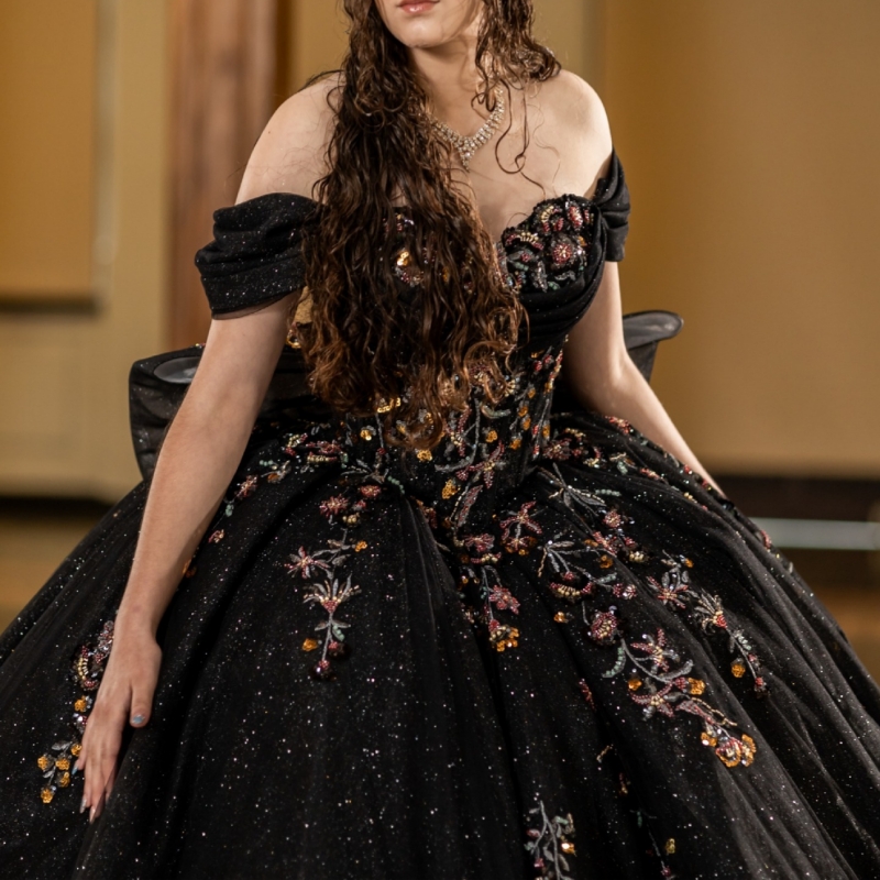 Black Shiny Quinceanera Dresses Ball Gown Off The Shoulder Sequin Applique Lace Beading Tull Party Birthday Sweet 16 Dress Vestidos 15 Anos