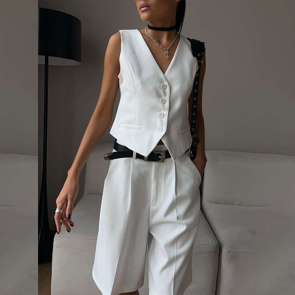 Vest And Spring Summer V-Neck Single-Breasted Waistcoat + Straight-Leg Suit Shorts Set B5
