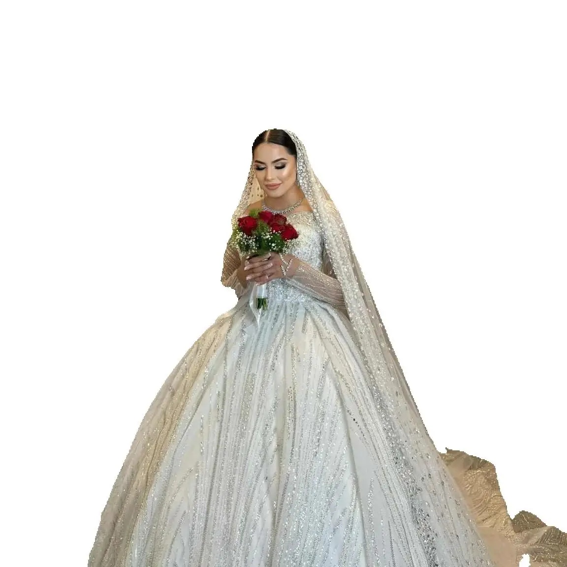 Gorgeous Beading Crystal Ball Gown Wedding Sexy Long Sleeve Sequined Bridal Gowns Arabic Floor Length vestido de novia