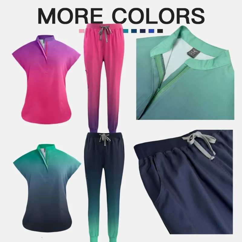Pajama SetsNew Fashion For Nursing! Gradient Color Sleeveless Standing Collar Pocket Jogging Suit Nurse Uniform Work And Casual Z250718