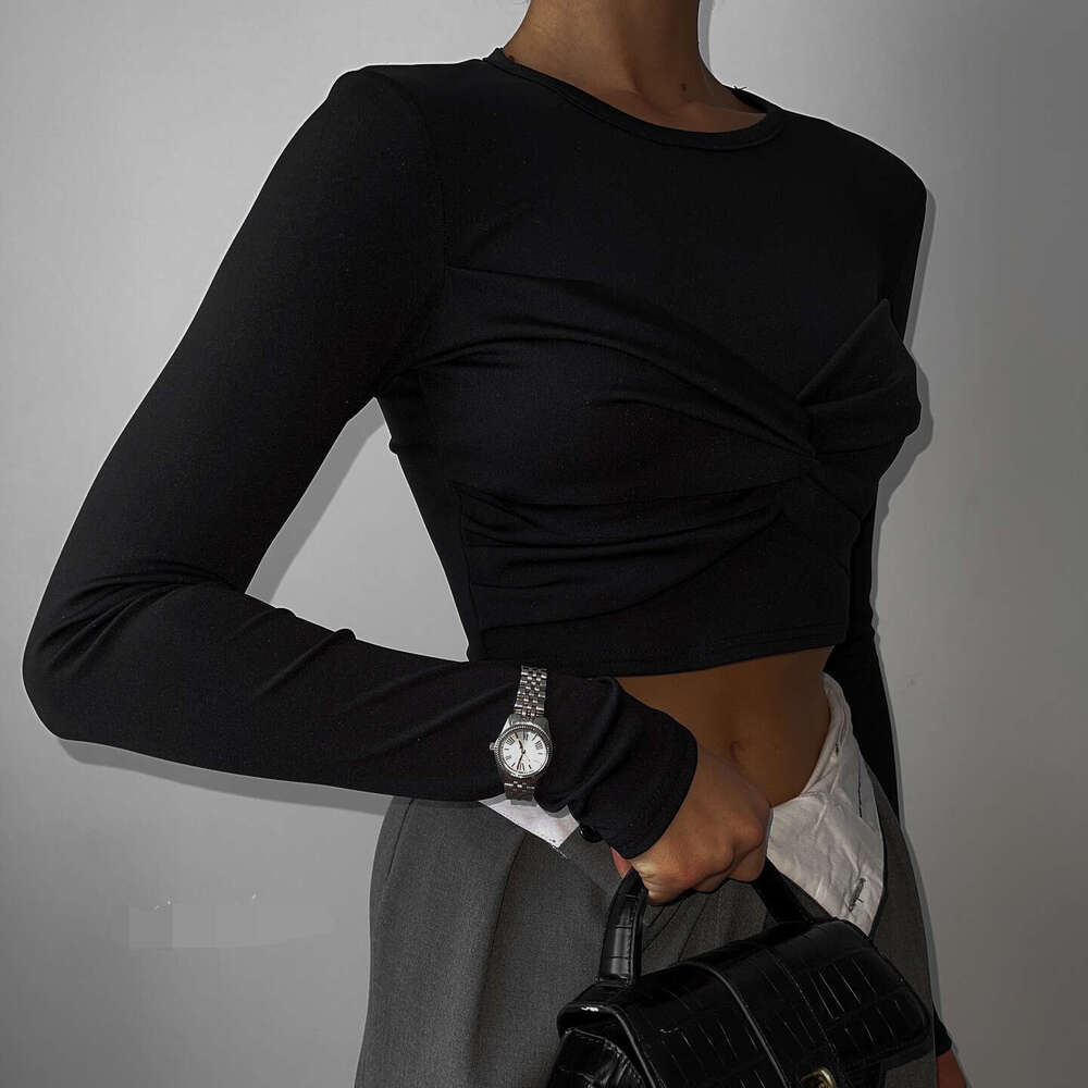 American Twisted Pleated Long Sleeve T-Shirt New Women's Top Elegant Fashion Hot Girl INS Style B5