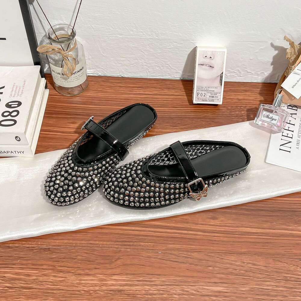 Su Yinyin 2025 New Flowing ~ Rhinestone Mesh Breathable Buckle Strap Closed-Toe Vacation for Women Half Slippers Summer