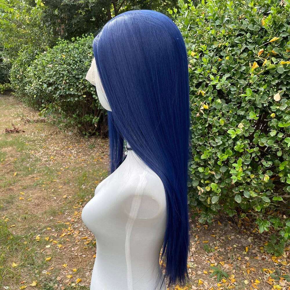Dark Blue 13X4 Synthetic Front For Women 26 Inch Long Sliky Straight Lace Wigs Half Hand Tied 150% Density Glueless