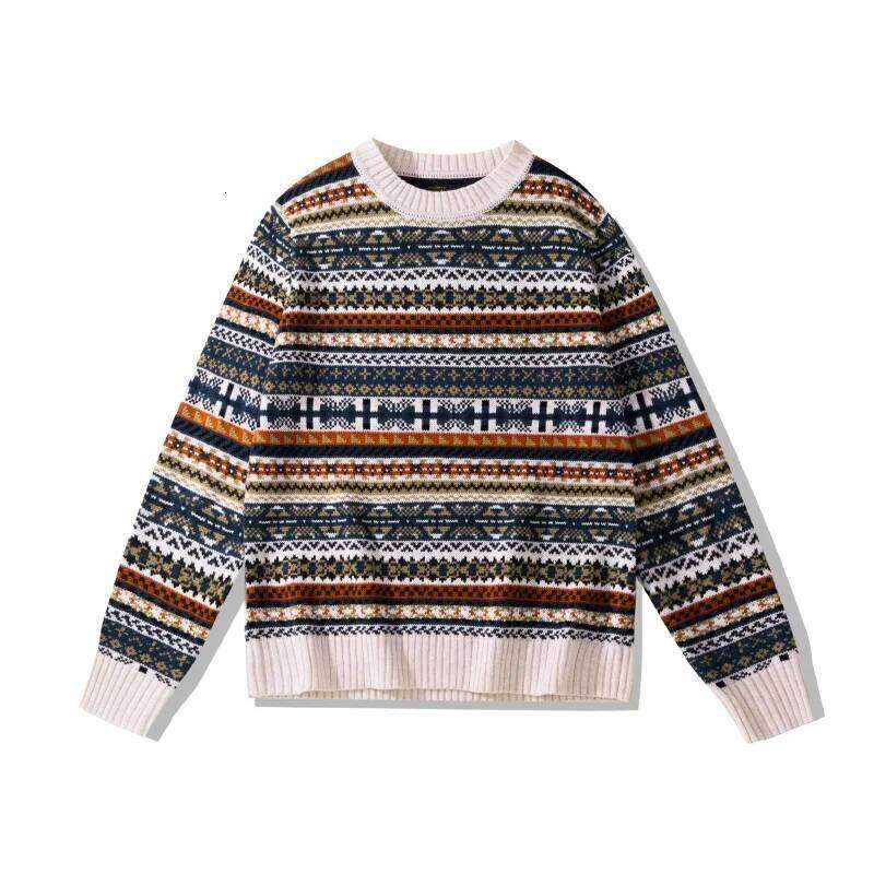 OKONKWO British Retro Round Neck Pullover Fair Isle Pattern Wool Blend Sweater