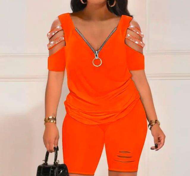 Women's Fashion Casual Printed V-Neck Zipper Short Sleeve Top And Shorts Two-Piece Set B5