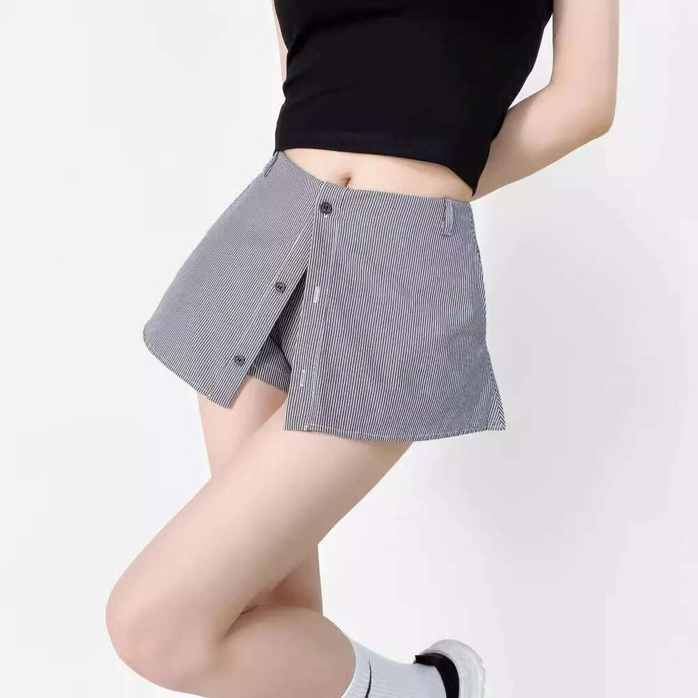 College Hem Anti-Exposure Shirt Half Pants Women Summer American Style Versatile Striped A-Line Short Skirt B5