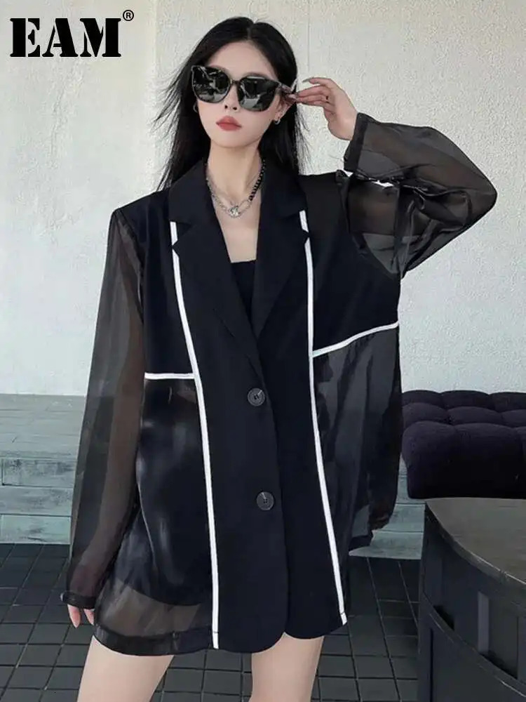 30A3464 EAM Women Black Gauze Spliced Big Size Sunscreen Blazer Lapel Long Sleeve Jacket Fashion Spring Summer 250703