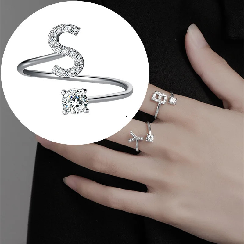 Zircon Initial AZ Letter Ring For Women Metal Adjustable Opening Name Alphabet Female Wedding Gift anillos mujer 250716