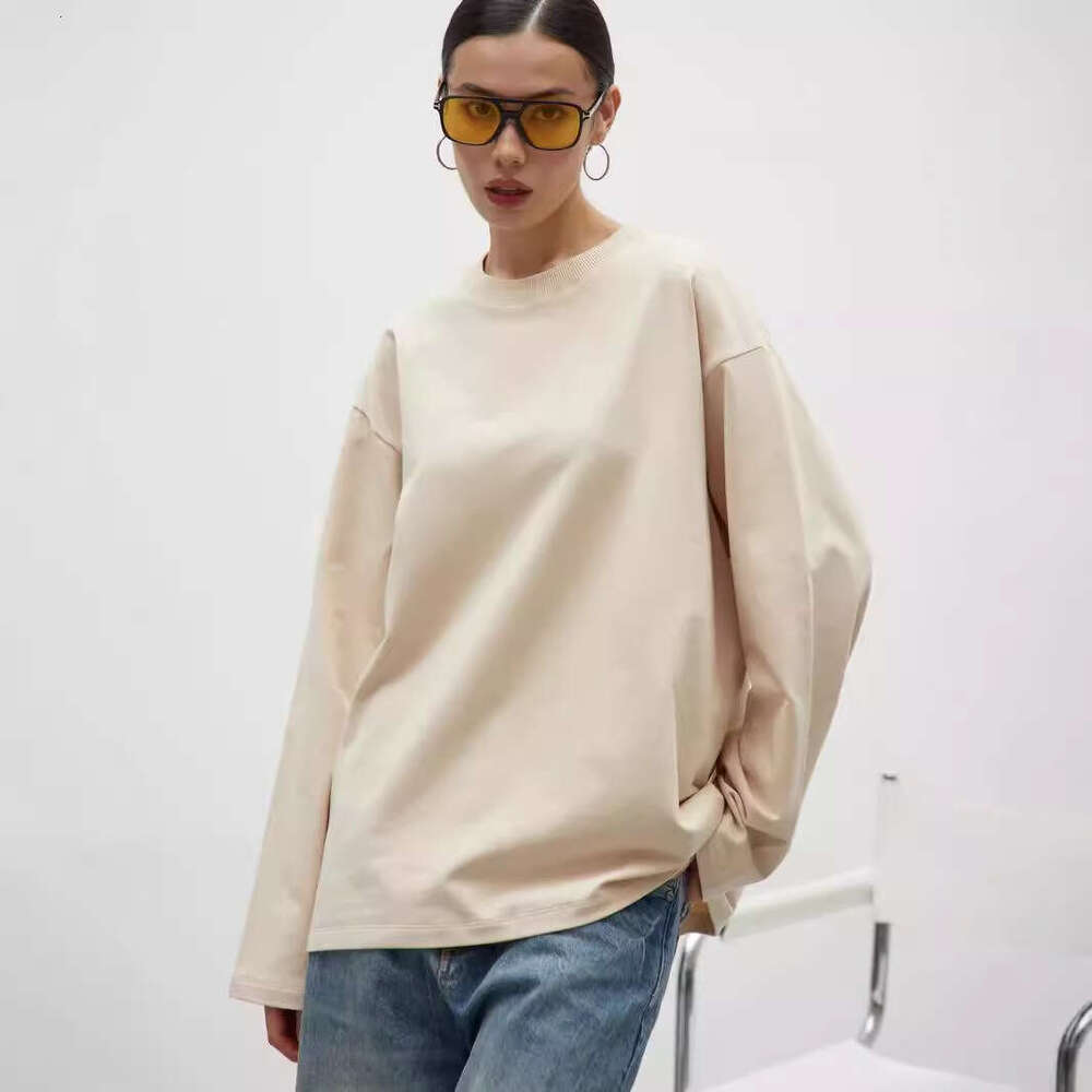 260G Combed Cotton Solid Color Long Sleeve T-Shirt For Women Loose Casual Round Neck Top High Quality B5