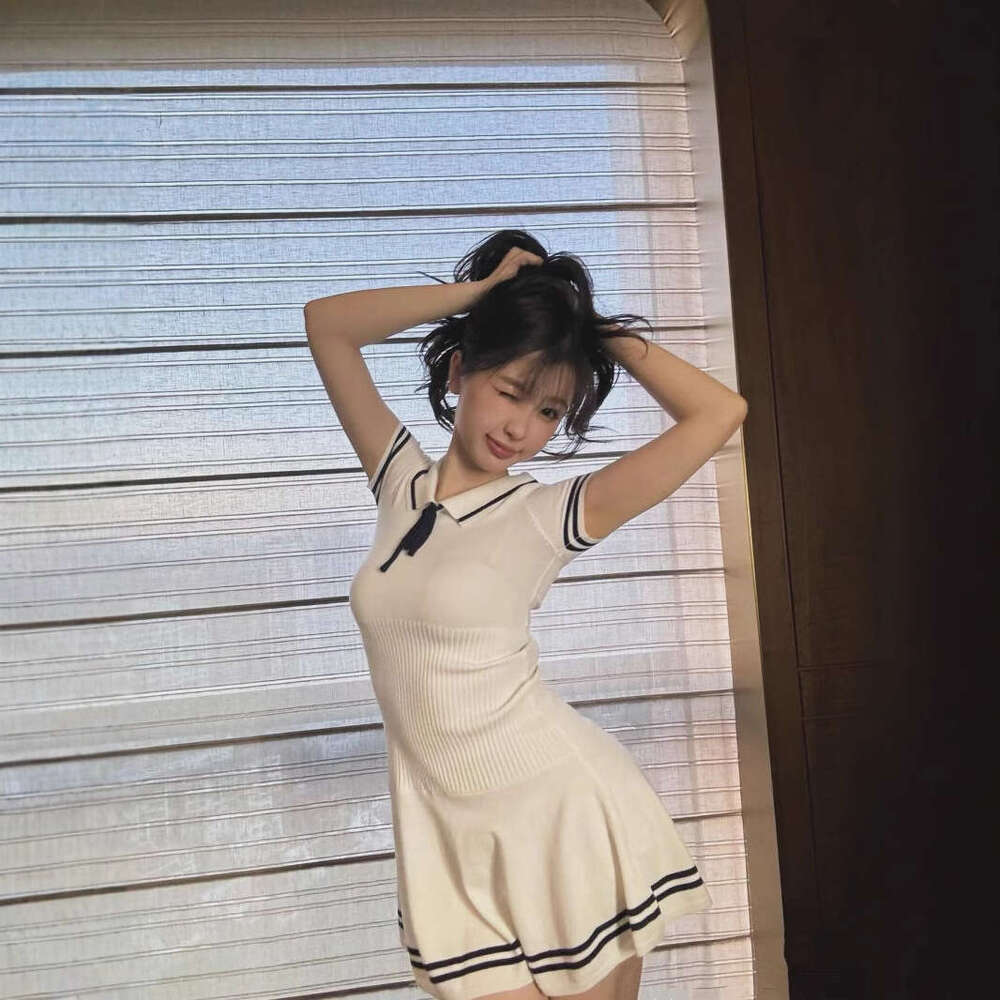 Yu Shuxin Same Summer New College Style Striped Knitted Short Sleeve Girl Polo Collar Dress A-Line Skirt B5