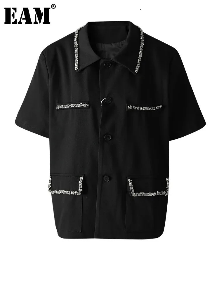 EAM Women Black Rhinestones Elegant Big Size Blazer Lapel Short Sleeve Jacket Fashion Spring Summer CPG3617 250703