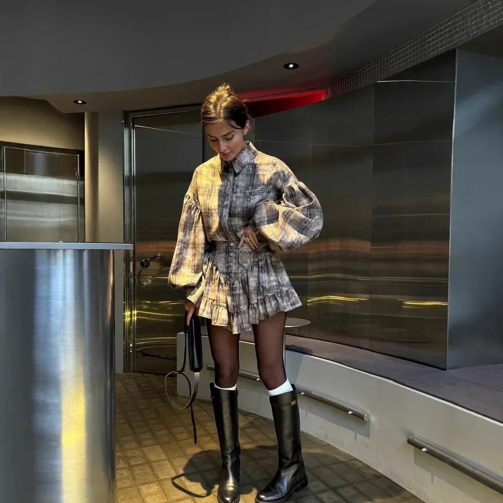 2025 Elegantsuit Womens Clothing Set High-End Feel Spring Plaid Sensibility Ruffle Edge Mini Dress 2-Piece Wholesale 250715