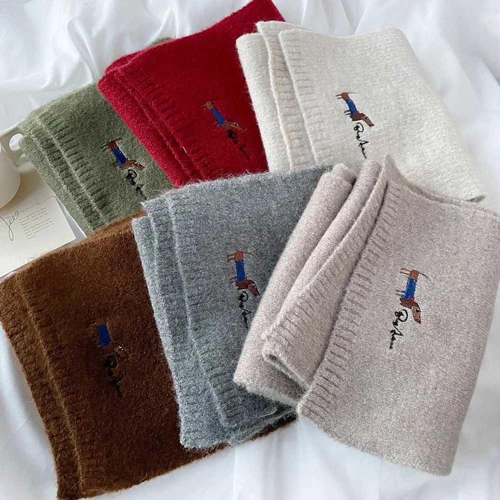 Korean Style Wool Knit Scarf for Women Winter Autumn Long Scarves Cute Dog Embroidery Shawl Wrap 250717