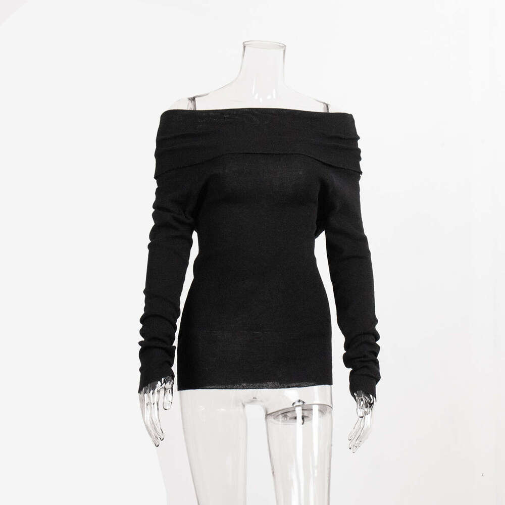 Spring Women's Sexy Slim Fit Solid Color Pullover Off-Shoulder Long Sleeve Knit Sweater B5