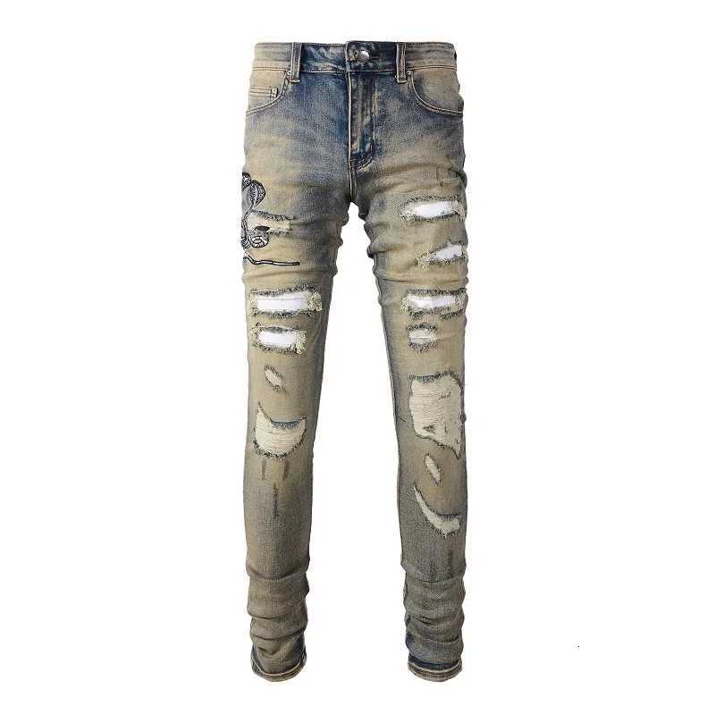 Men Snake Embroidery Denim Jeans Vintage Blue Snakeskin Leather Patch Stretch Pants Skinny Tapered Trousers X2507181