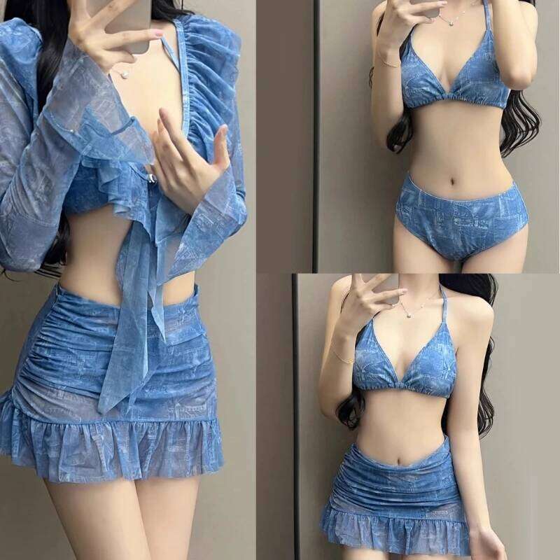 4 Pieces Swimsuit for Women Halters Swimming Long Sleeves Swimwear with Cover Up & Beach Skirt Summer Bathing Suit