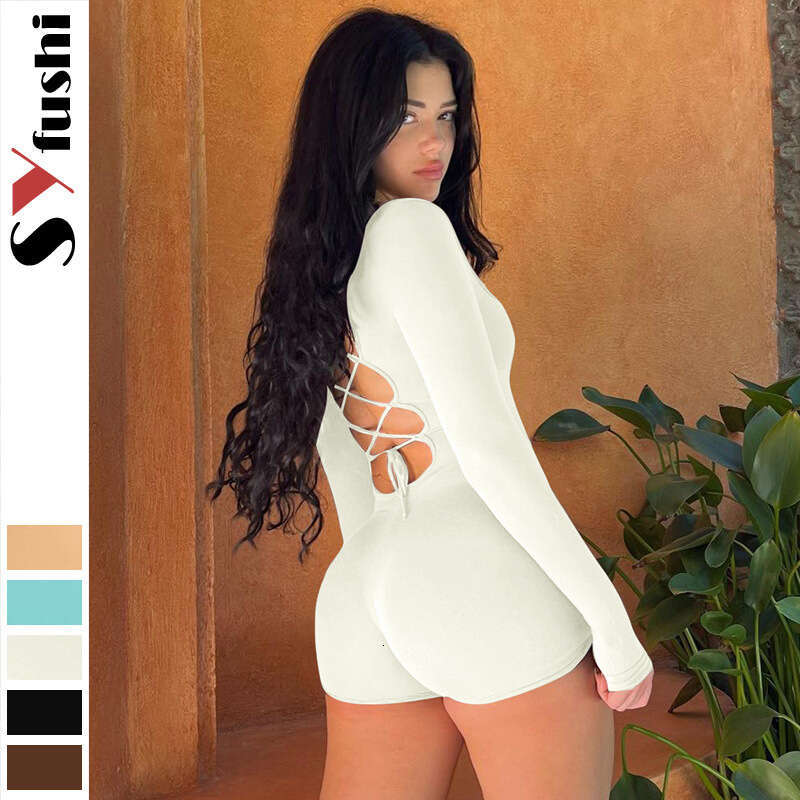 Autumn New Women's Long Sleeve U-Neck Drawstring Backless High Waist Hip-Lifting Sports Yoga Jumpsuit B5