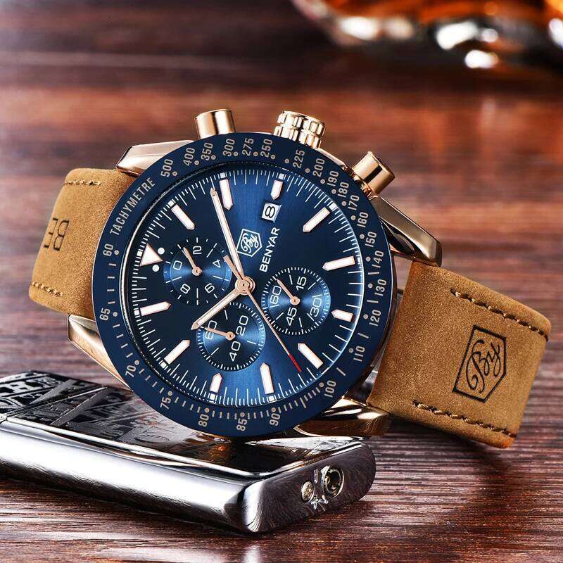 BENYAR Casual Sports Watch Waterproof Quartz Watches Top Brand Leather Military Chronograph Men Clock Relogio