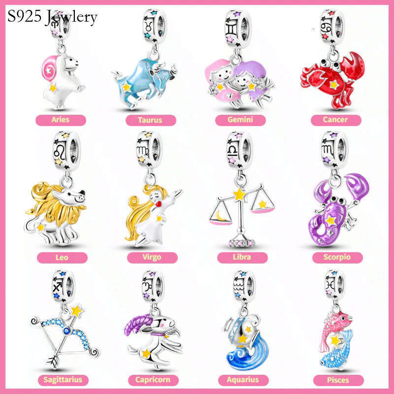 S925 New 925 Sterling Silver Charm Colorful Twelve Constellations pendant Fit Charms Silver 925 Original Bracelet DIY Jewelry Making For women Gifts
