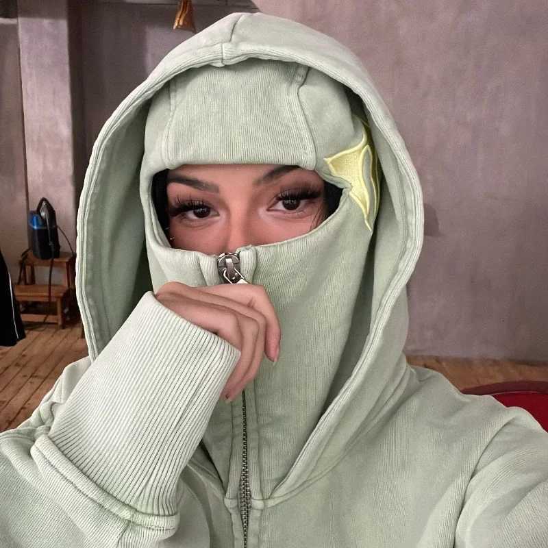 2K Windproof Mask Hoodie Zip Up Double Hat Balaclava Embroidery Streetwear Retro Gothic Heavyweight Unisex Oversize Sweatshirt X2507181