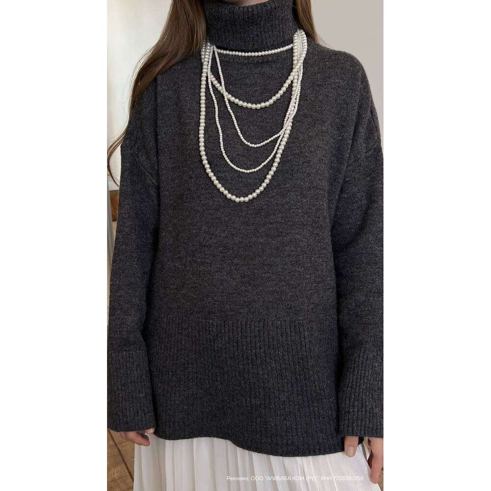 New Style Split Knitted Pullover Solid Color High Neck Loose Autumn Winter Women's Sweater B5