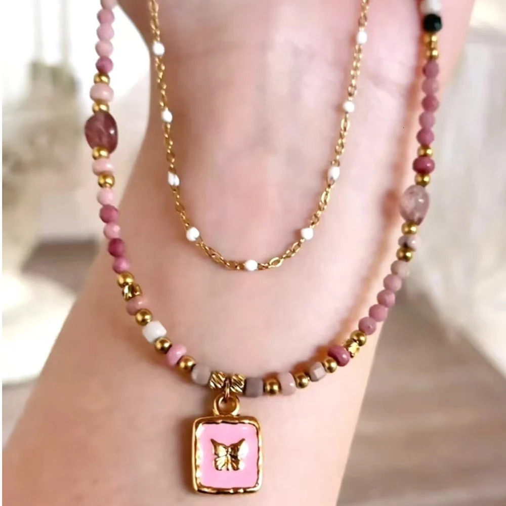 Good Quality Summer necklace natural stone steel accessory powder butterfly pendant for go to Beach 250712