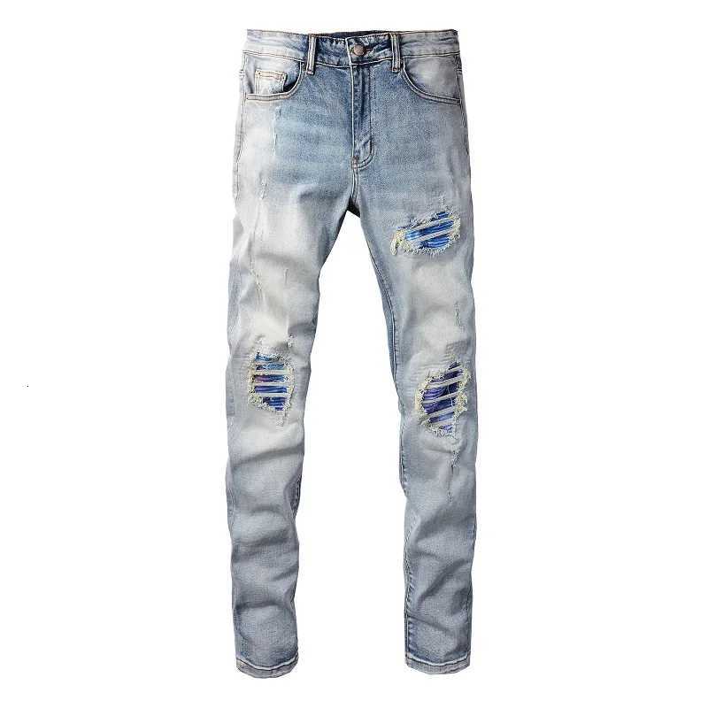 Men Patches Jeans Streetwear Light Blue High Stretch Denim Pants Ripped Distressed Skinny Tapered Trousers X250718