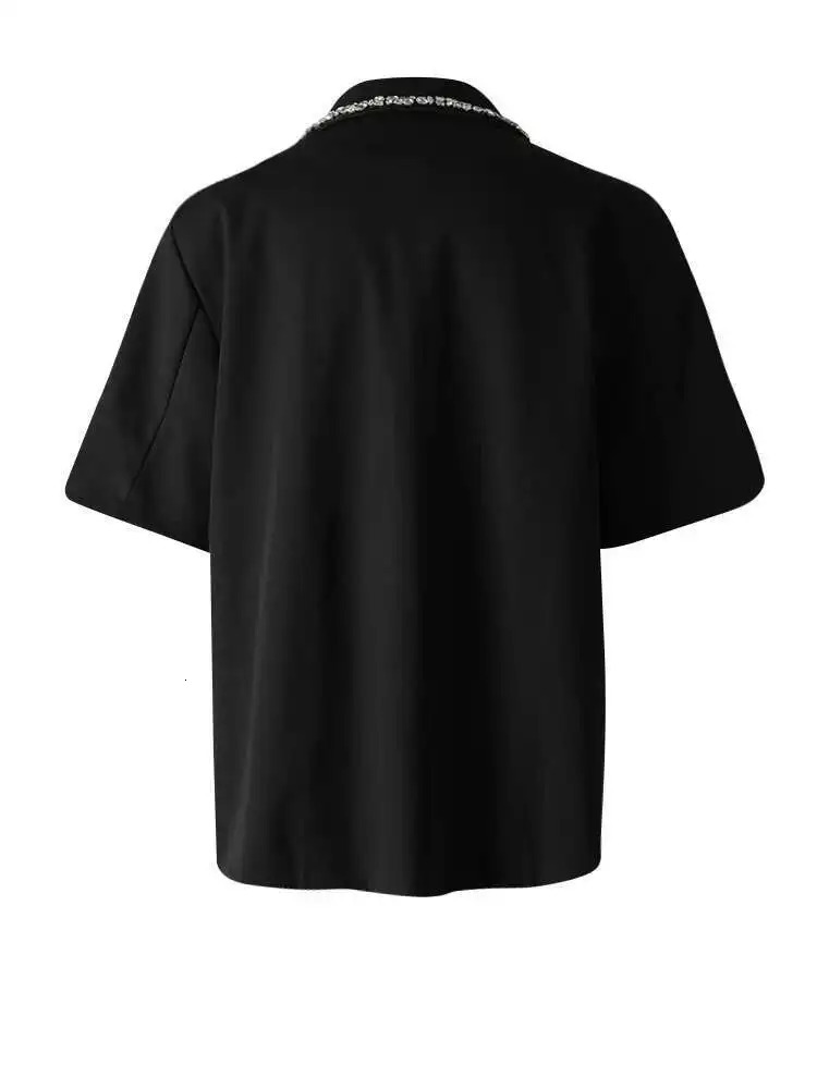 EAM Women Black Rhinestones Elegant Big Size Blazer Lapel Short Sleeve Jacket Fashion Spring Summer CPG3617 250703