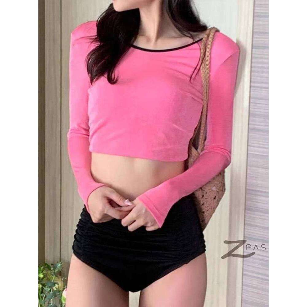 OIINAA Contrast Color Women O-Neck Long Sleeve Bikini Set Pleated High Waisted Split Swimsuit Summer 2025 New Swimwear