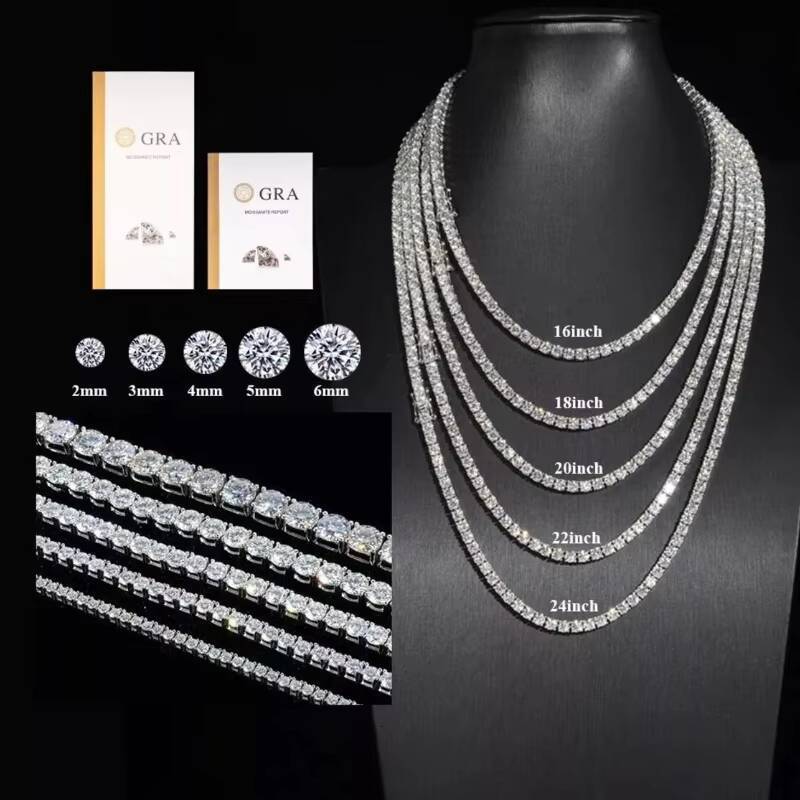 3MM 4MM 5MM Tennis Chain 925 Silver VVS Iced Out Diamond Hip Hop Style Moissanite Tennis Chain
