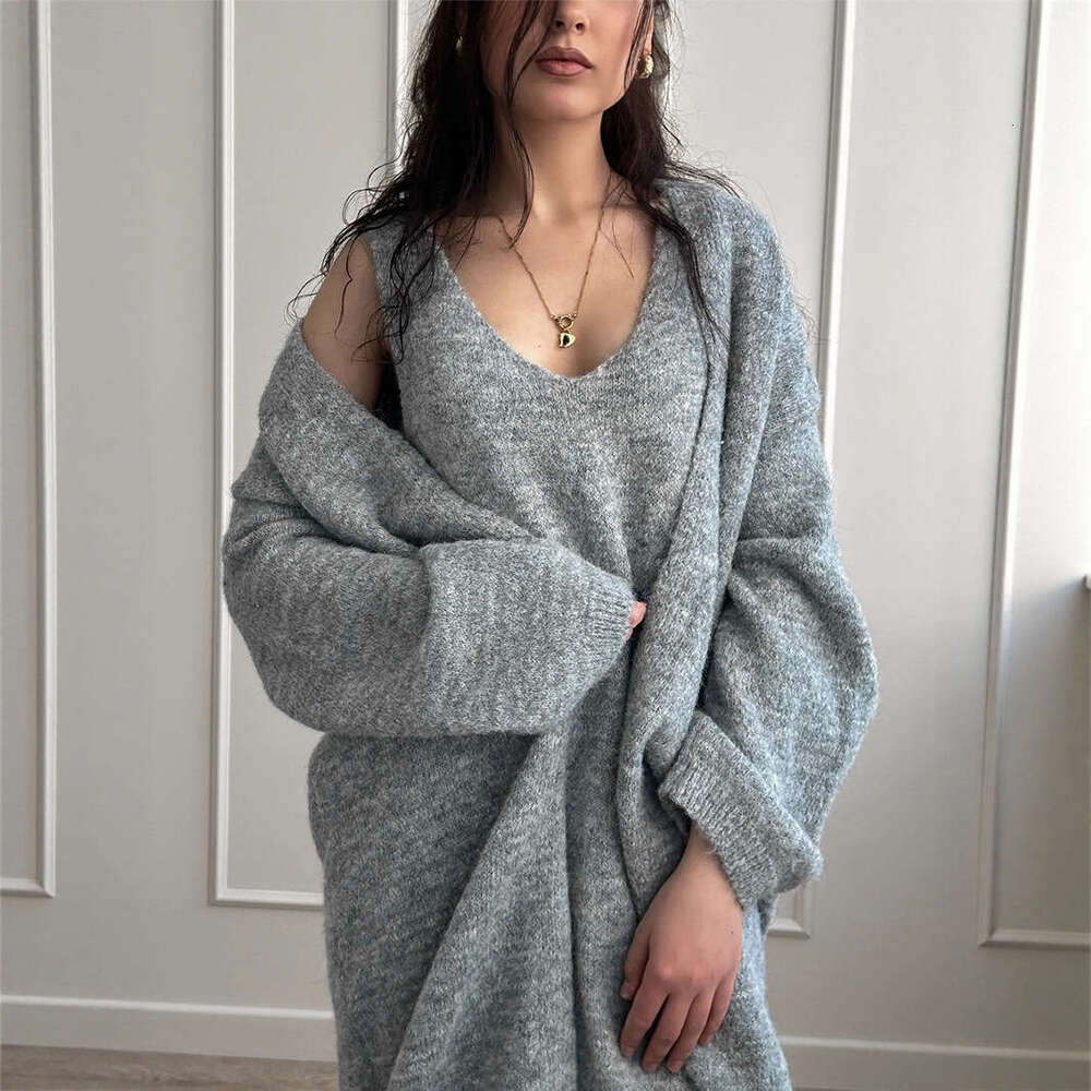 Autumn Winter Style Sweater Set For Women Loose Long Version Thickened Cardigan + V-Neck Vest Dress B5