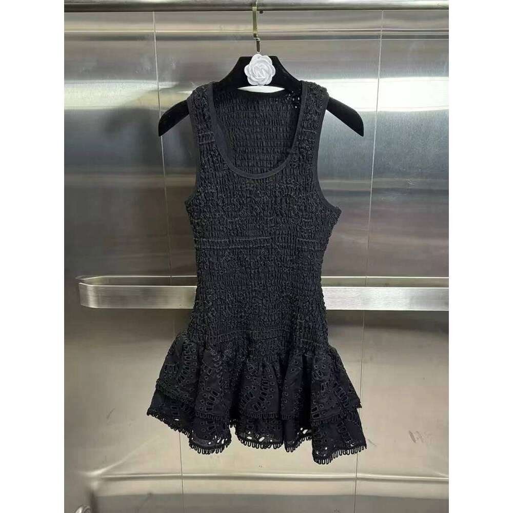 VGH Solid Hollow Out Embroidery For Women Round Neck Sleeveless Backless High Waist Sexy Slimming Mini Dress Female New