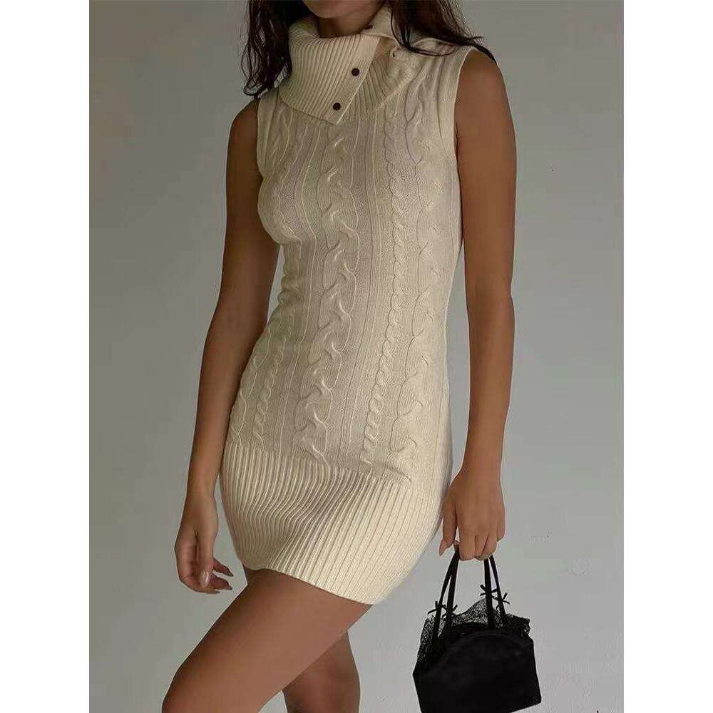 American Style Spicy Girl Sleeveless Slim High Neck Bodycon Braided Turn-Down Collar Waist-Cinching Knitted Short Dress B5