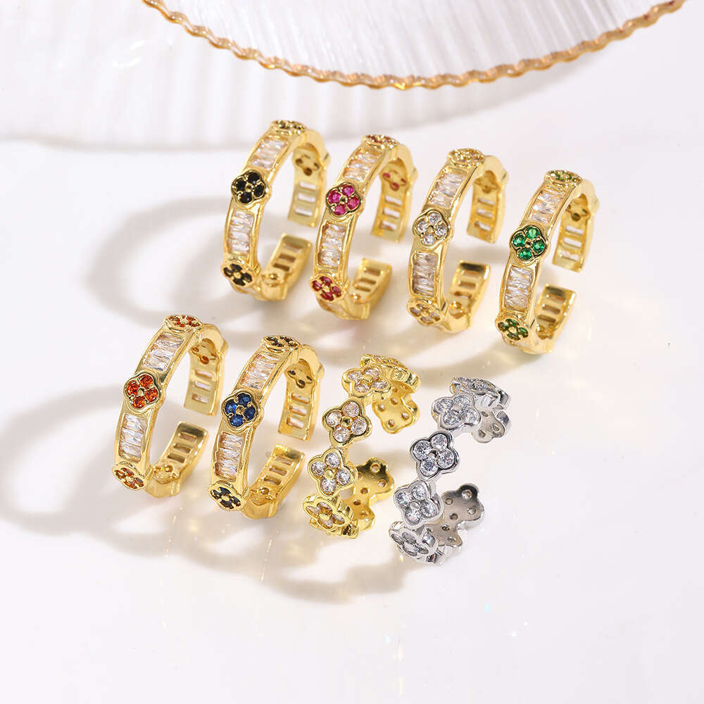 designer Elegant Light Colorful Zircon Four-Leaf Clover Open Fashion Trendy Flower Petal Women's Ring