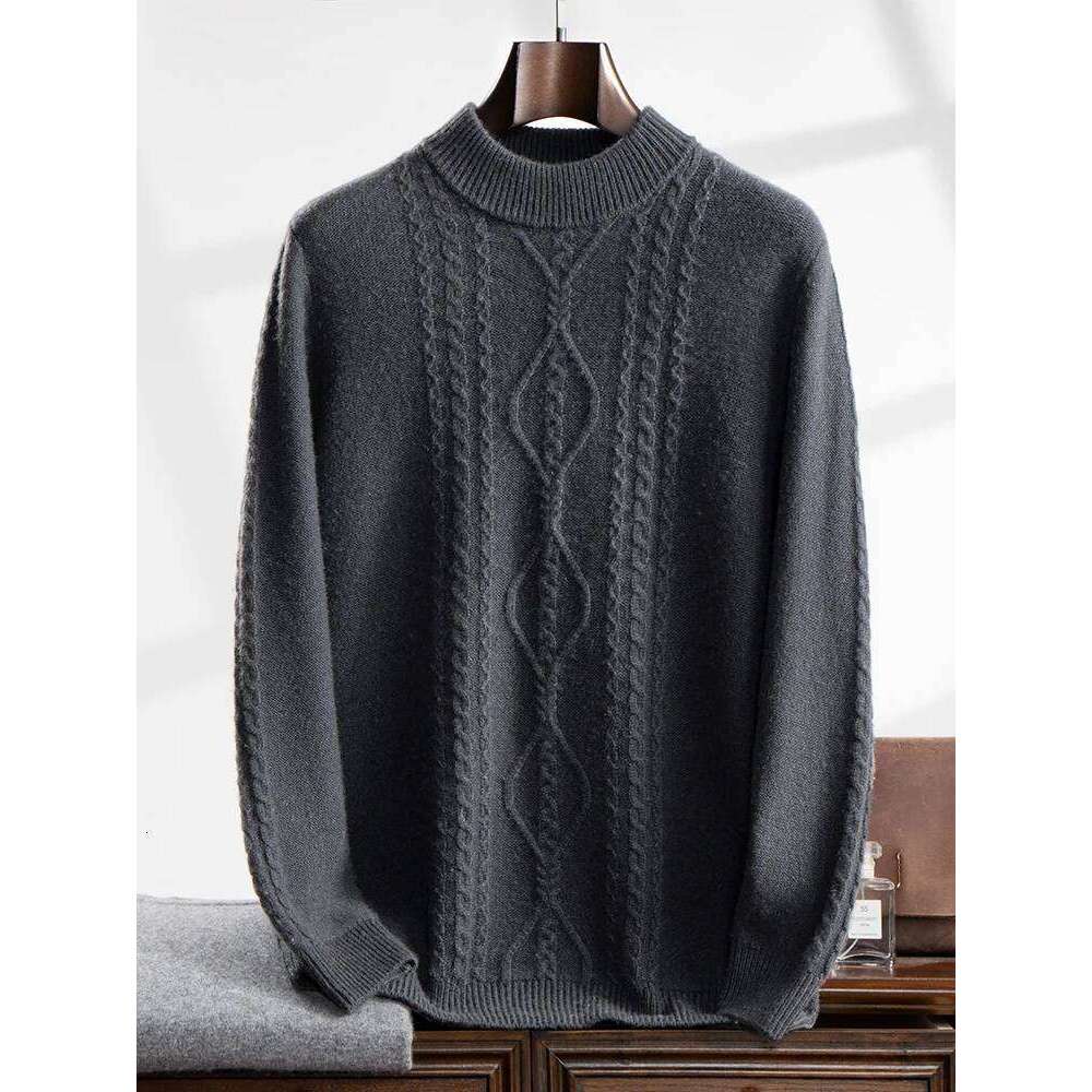 High Quality Men's 100% Cashmere Sweater Mock Neck Pullover Autumn Winter Thick Long Sleeve Soft Warm Knit Clothing Korean Tops