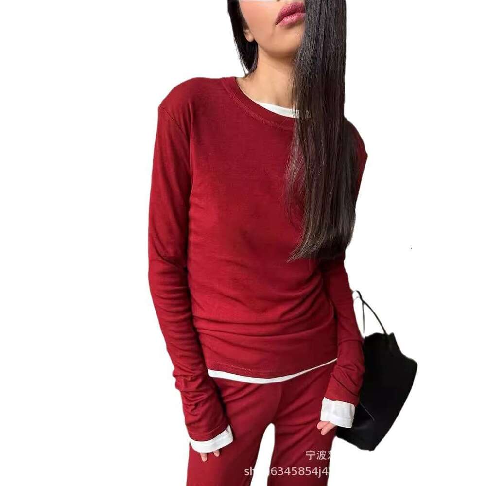 Autumn Winter New Soft Modal Women's Style Casual Top + Wide Leg Pants Christmas Red Two Piece Set B5