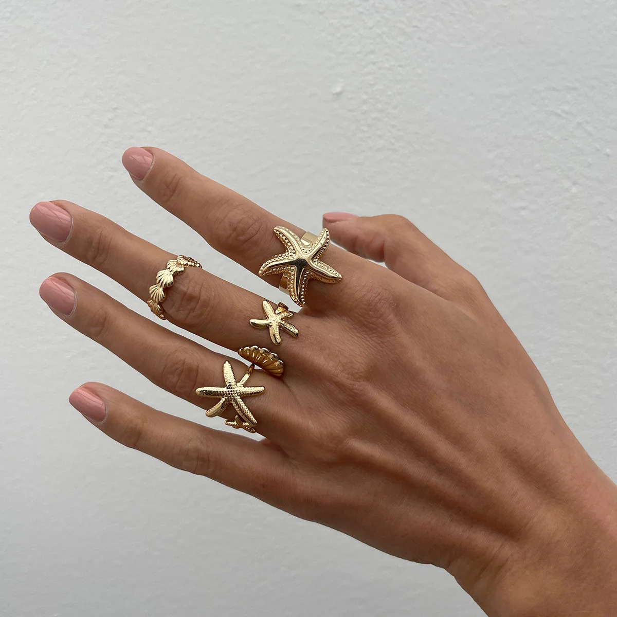 LATS 4PcsSet Starfish Scallop Adjustable Open Rings for Women Summer Trendy Geometric Gold Color Beach Jewelry Accessory 250716