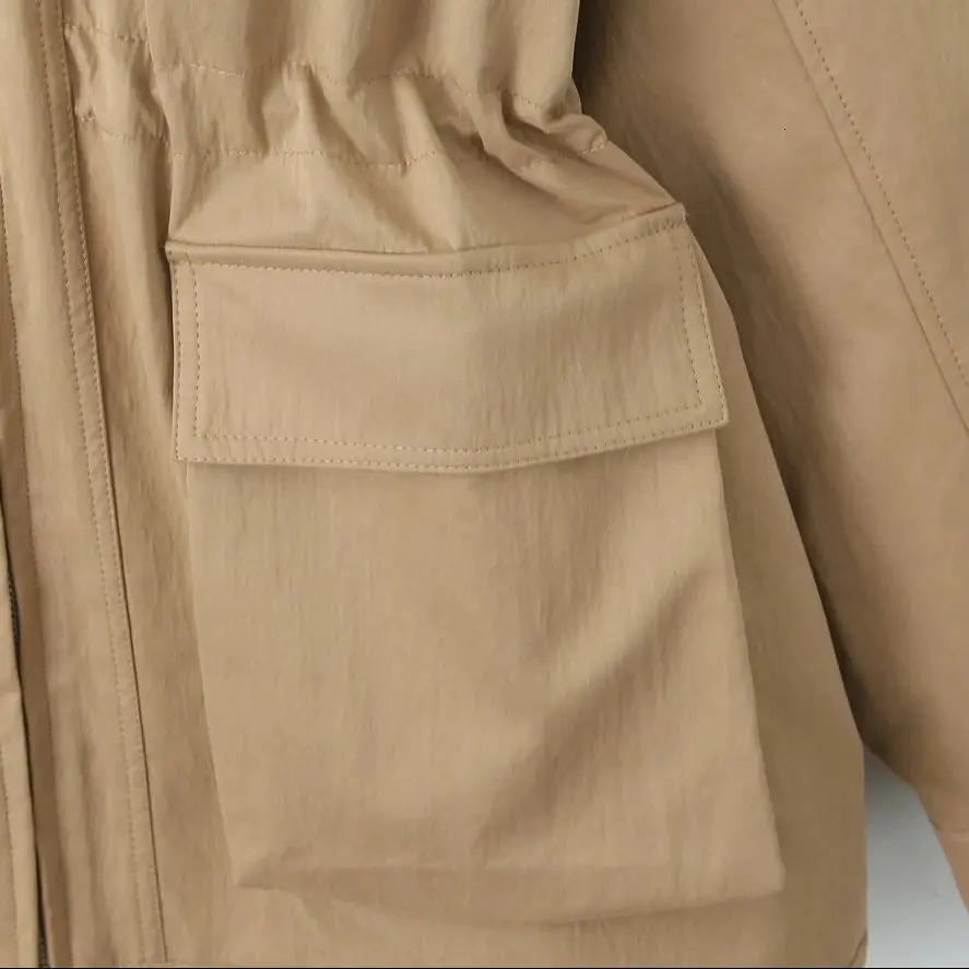 2025 Spring Women Khaki Spliced Faux Leather Lapel Safari Coat Front 2 Pockets Elastic Waist Zipper Jacket Loose Outerwear 250715