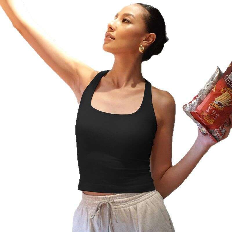 Women's Summer Outer Wear Ribbed High Elastic Racerback Square Round Neck Vest Fitness Yoga Top B5 g5