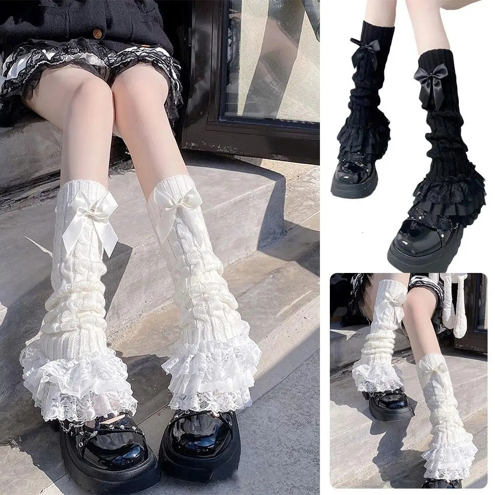 Japanese Women Knitted Leg Warmer Bow Tiered Ruffled Socks Girl Lace Lolita Socks Calf T-shaped Lace Leg Horn Warmers Women P1J5 250717