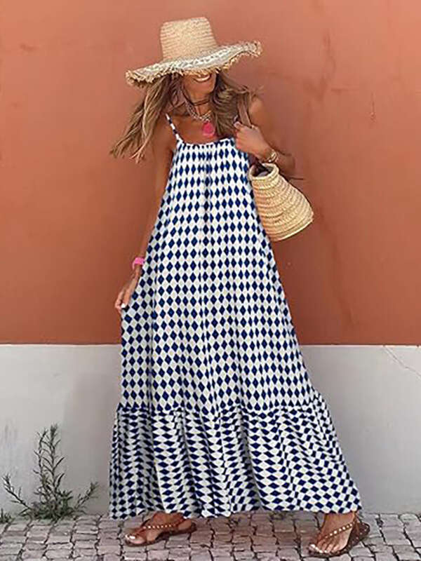 Summer New Bohemian Vacation Style Ruffled Edge Girl Print Strap V-Neck Loose Long Dress B5