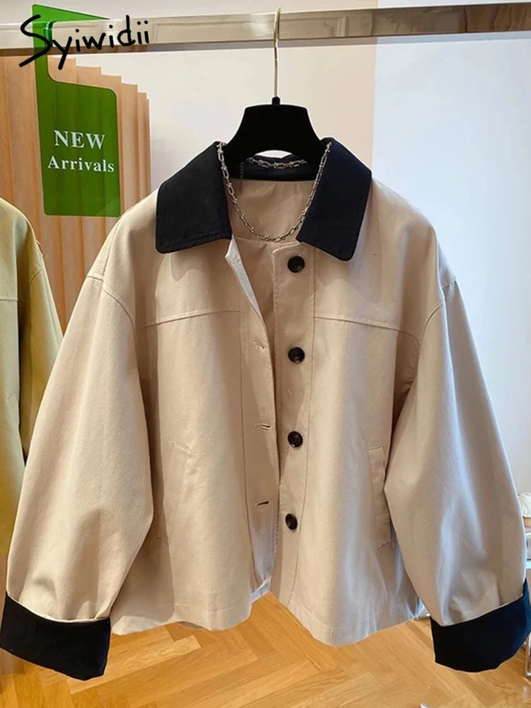 Syiwidii Contrast Color Lapel Jacket Women Casual Loose Long Sleeve Single Breasted Coat 2025 Fashion High Street Jackets 250715