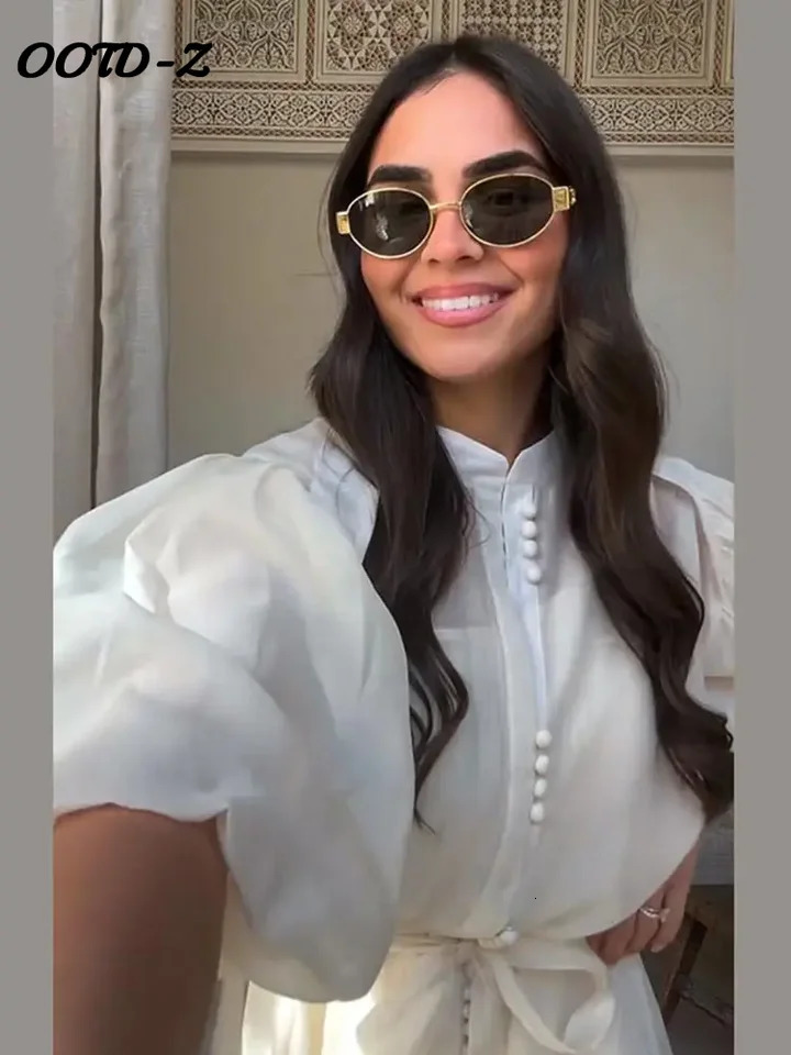 Elegant Lace Up Solid Women Dresses Party Ruffles Puff Sleeve Single Breasted Female Dress 2025 Summer Lady Maxi Vestidos 250715