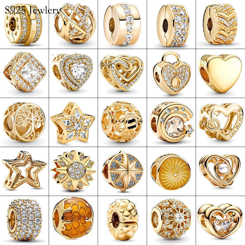 S925 18K Gold Plated 925 Silver Sparkling Leveled Heart Charms Openwork Family Roots Charm Beads Fit Chain Bracelet DIY Women Jewelry Fashion Gifts fo