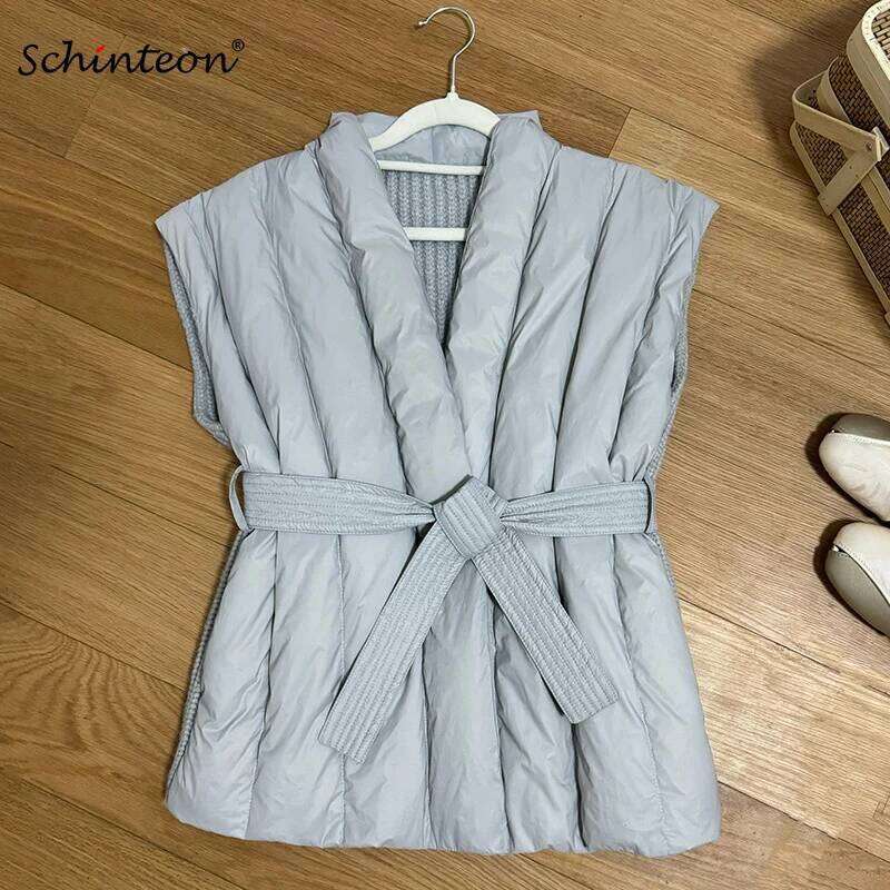 Schinteon Women 90% White Duck Down Knitting Wool Vest Autumn Winter Warm Sleeveless Jacket Korean Style Luxurious Top 2024 New MDNG