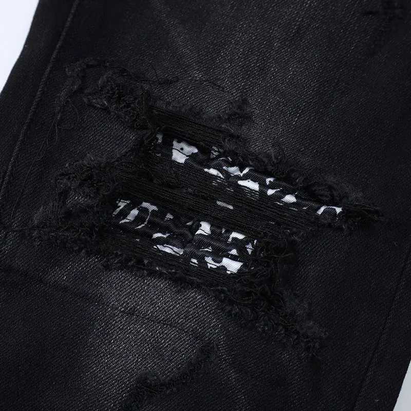 Designer Street Fashion Mens Jeans Washed Elastic Slim Fit Perforated Cashew Flower Patch Black Denim High Street Pants H X2507181